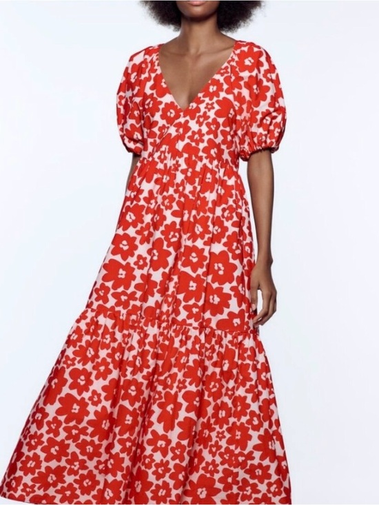 Zara Dresses & Skirts - Zara Red and White Floral Puff-Sleeve Maxi Dress